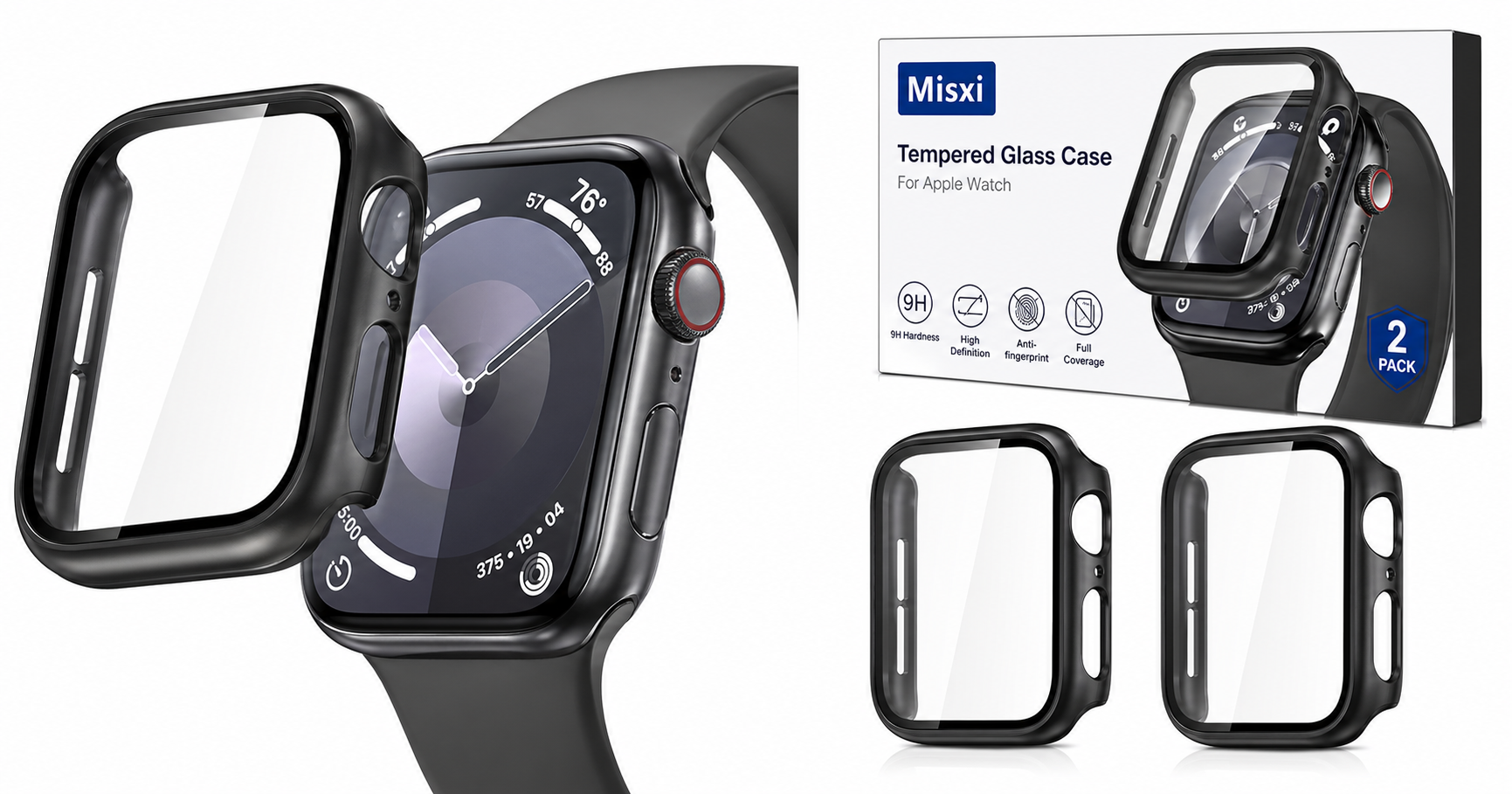 Misxi 2‑Pack Tempered Glass Case for Apple Watch Series 11/10 (46mm): Durable Full‑Coverage Protection