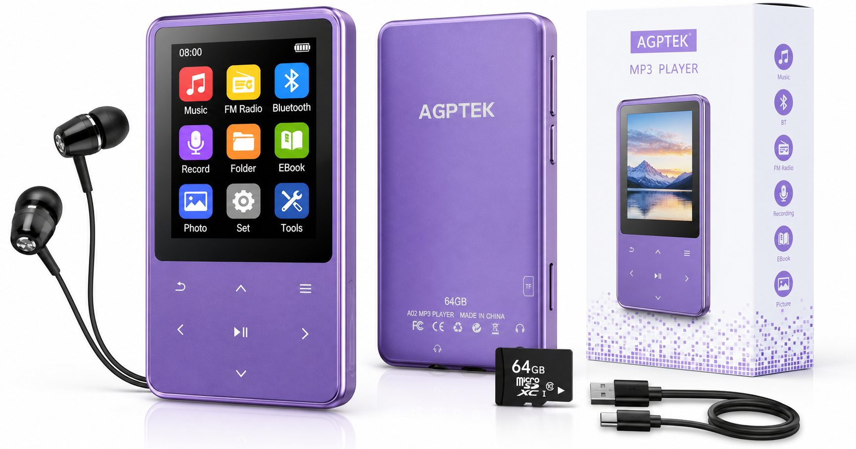 AGPTEK M3 64GB Bluetooth MP3 Player (Purple): Compact Music Companion with Big Storage