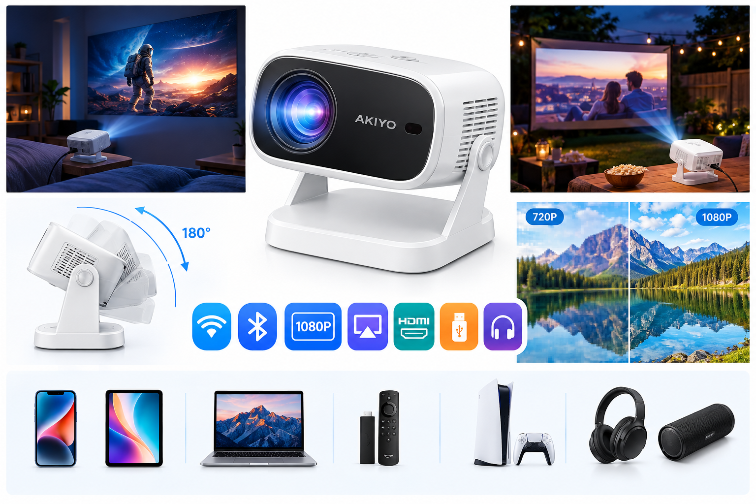 AKIYO Mini Projector Review: Portable 1080P Support, WiFi, Bluetooth, and 360° Rotation