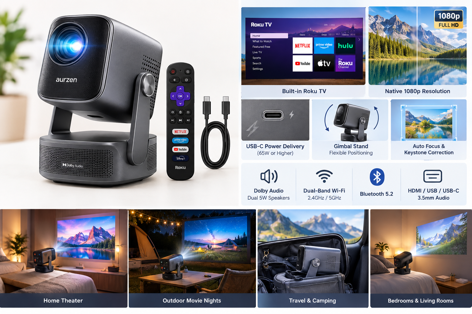 Aurzen Roku TV D1R Air Projector Review: Portable 1080p Streaming for Indoor and Outdoor Viewing